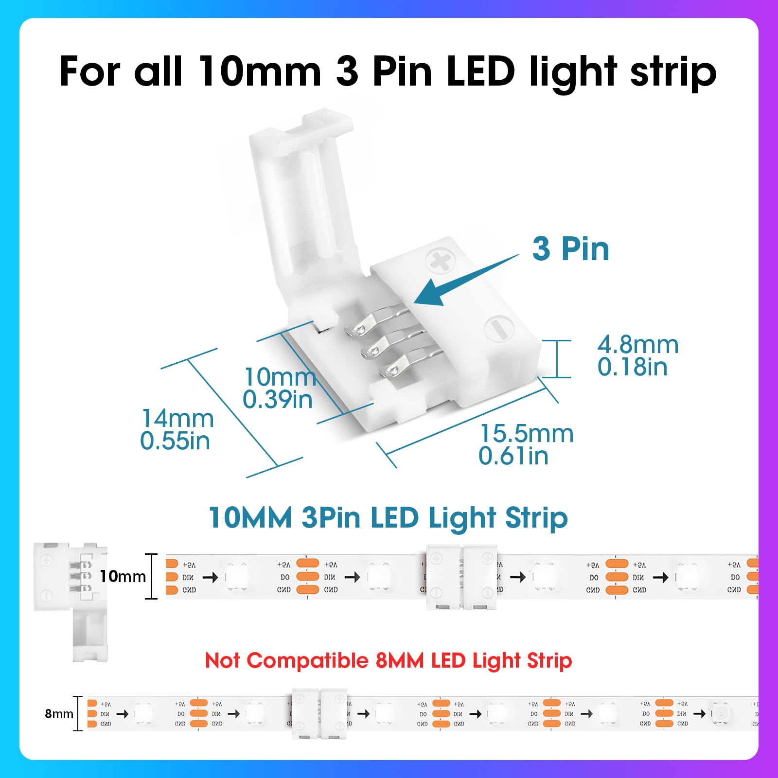Wenhsin 10-Packs 3-Pin Led Connectors For Led Strip Lights 10Mm Width Unwired Gapless Solderless Adapter Extension