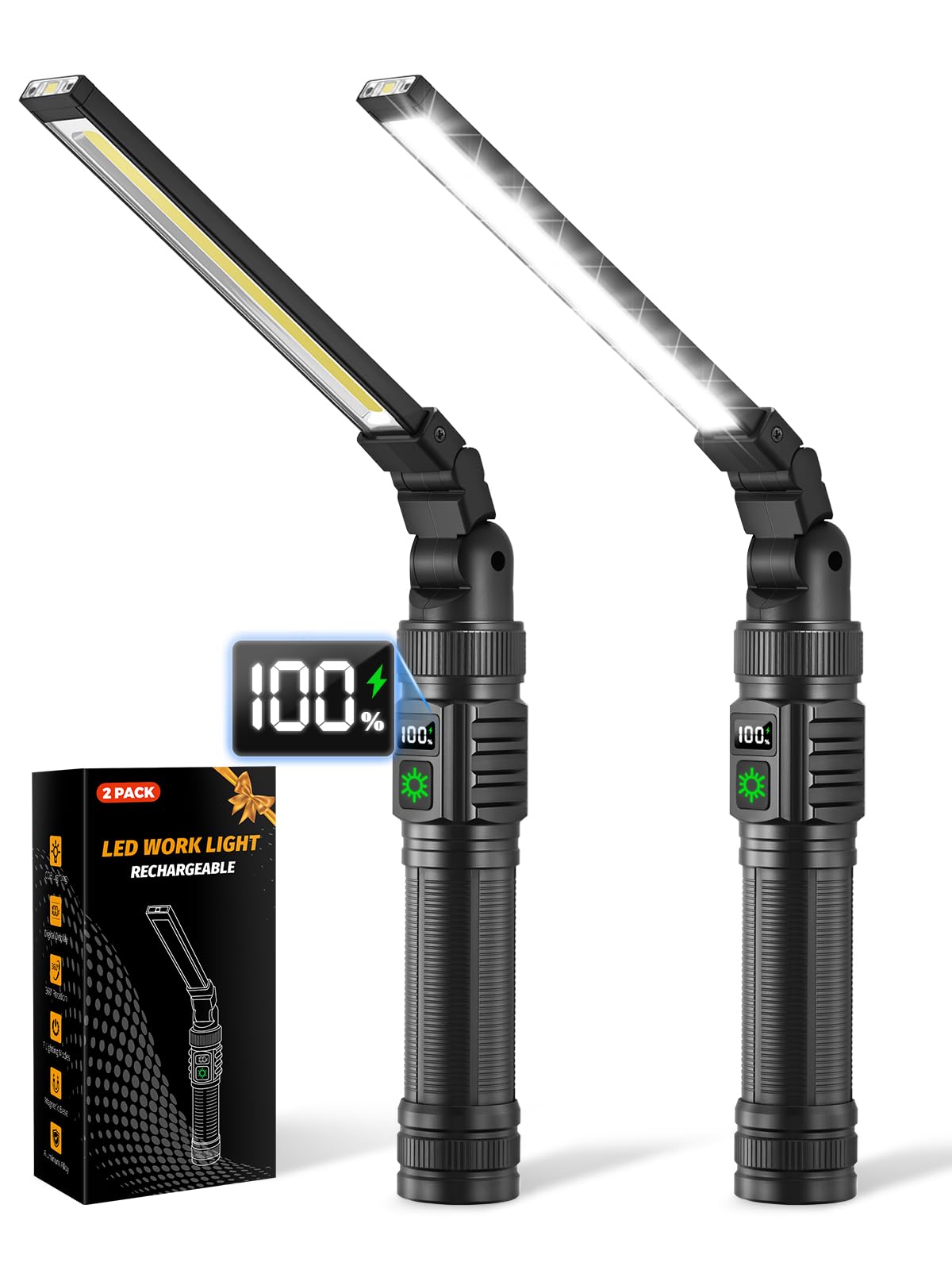 Ruboliy 2Pack Magnetic Work Light  All Aluminum & 1500 High Lumens Rechargeable LED Work Light  7 Mode & 360 Rotation Mechanic Light  Rechargeable Flashlight for Car Repairing  Tool Gifts for Men Him