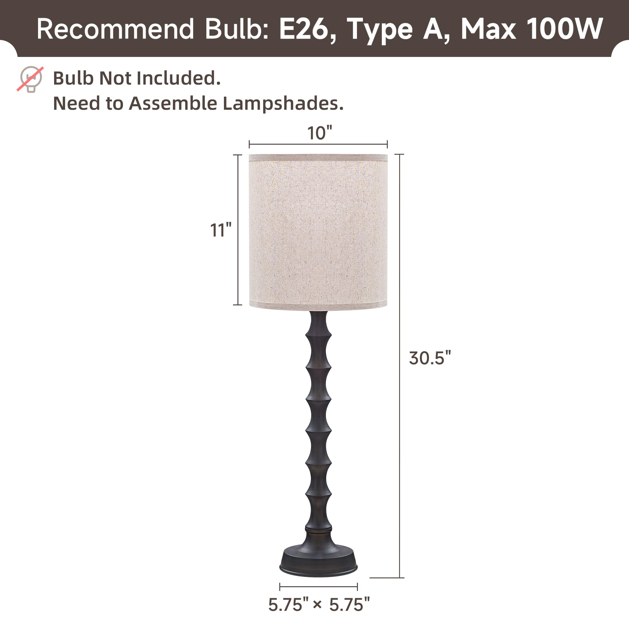 Euo 30.5'' Rustic Buffet Table Lamps For Living Room Set Of 2, Farmhouse Table Lamps For Buffet Set Of 2, Oil Rubbed Bronze Cand