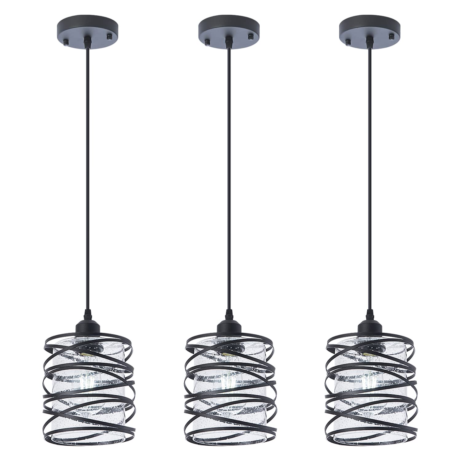 Fisgoni Modern Mini Pendant Light Fixture 3-Pack Kitchen Island Pendant Lighting 6.3''Matte Black Spiral Cage Handblown Clear Se