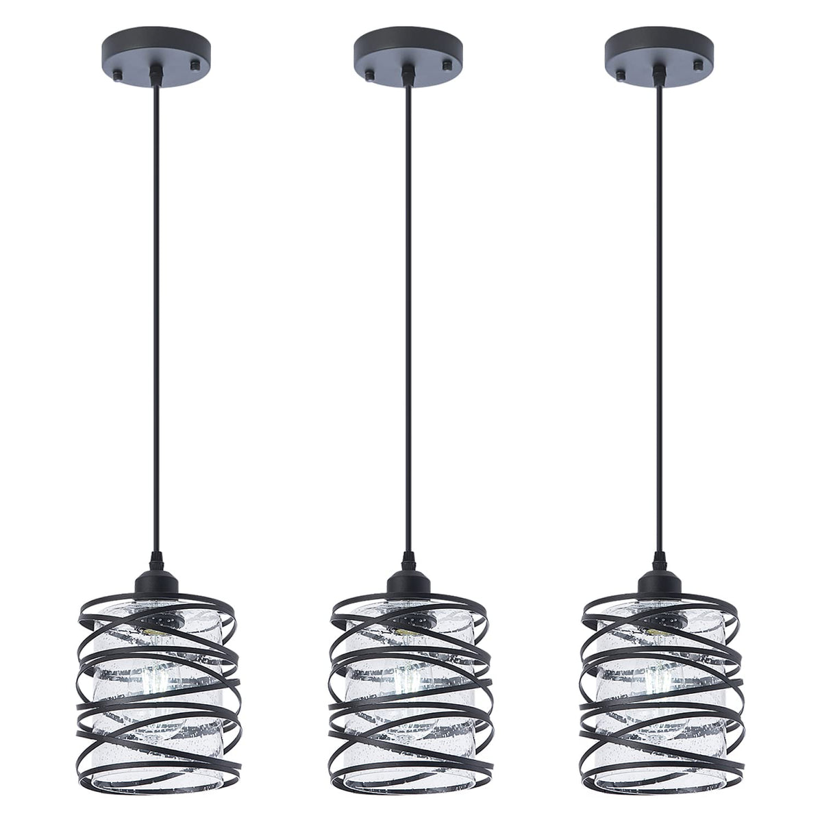 Fisgoni Modern Mini Pendant Light Fixture 3-Pack Kitchen Island Pendant Lighting 6.3''Matte Black Spiral Cage Handblown Clear Se