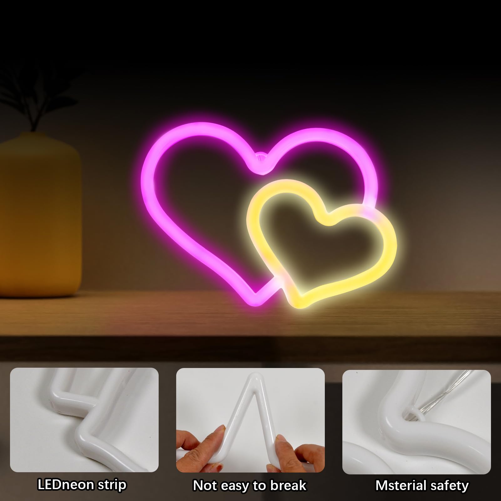BRIGHTDECK Heart Neon Sign, LED Wall Décor, Battery Operated/USB Powered, 5x5 inches, Pink/Warm White, Model 001