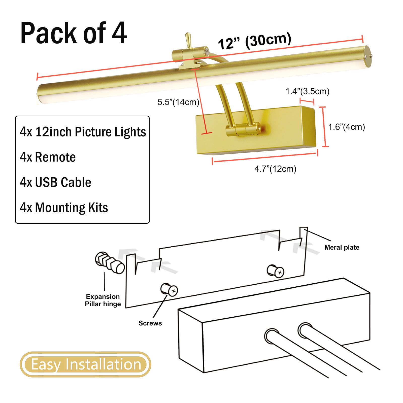 Yuichoy 4 Pack Picture Light For Wall Battery Operated, 12Inch Gallery Light, Wireless Art Lighting For Painting With Remote, Di
