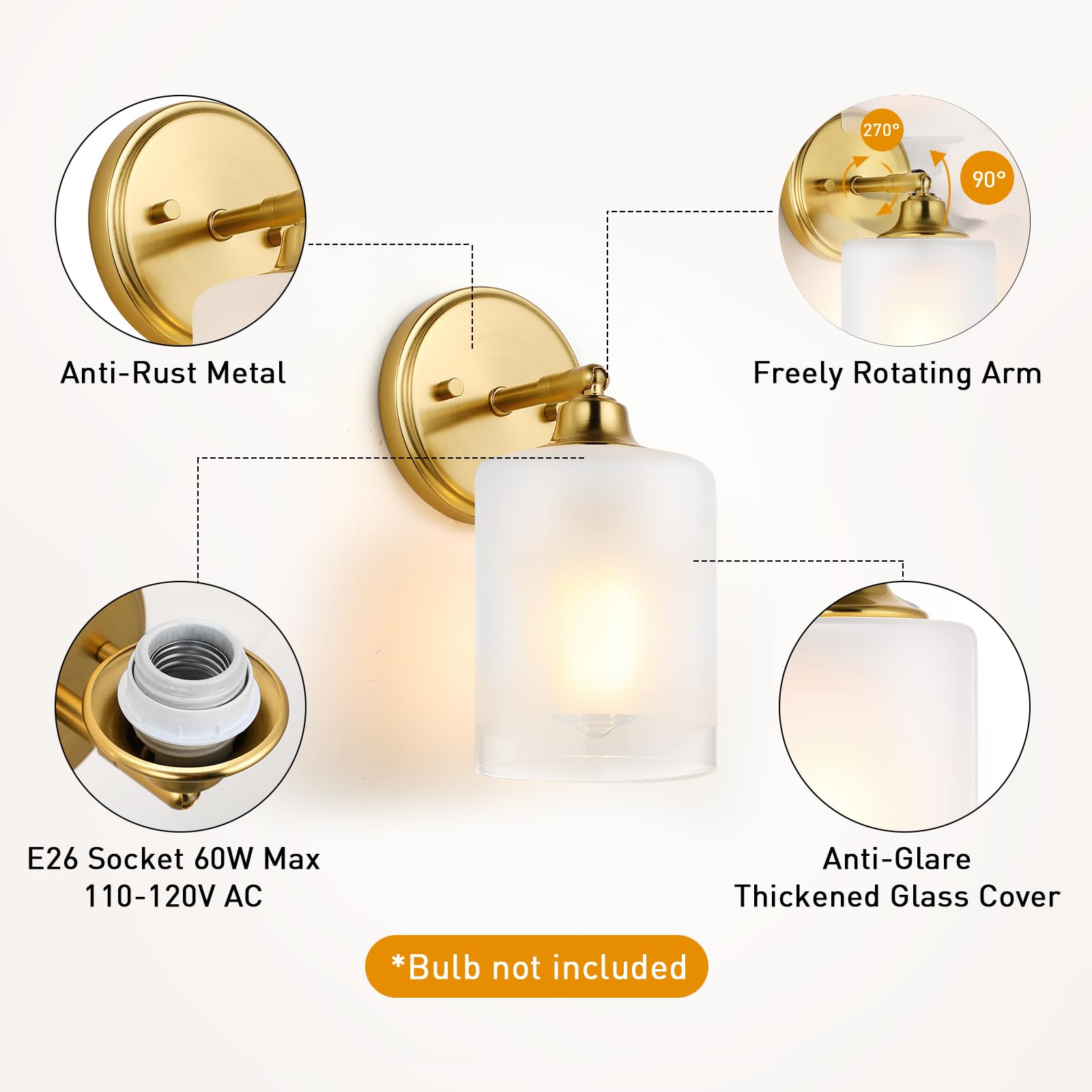 Xifeiniu Bathroom Wall Sconce Set Of Two With Frosted Glass Shades, Modern Indoor Vanity Wall Light For Mirror Bedroom Living Ro
