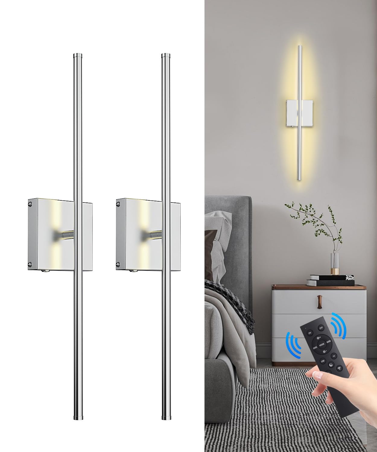 CASGAL Battery Operated Wall Sconce with Remote Control,Wall Sconces Set of Two,3000K-6500K LED Wireless Wall Light for Bedroom,