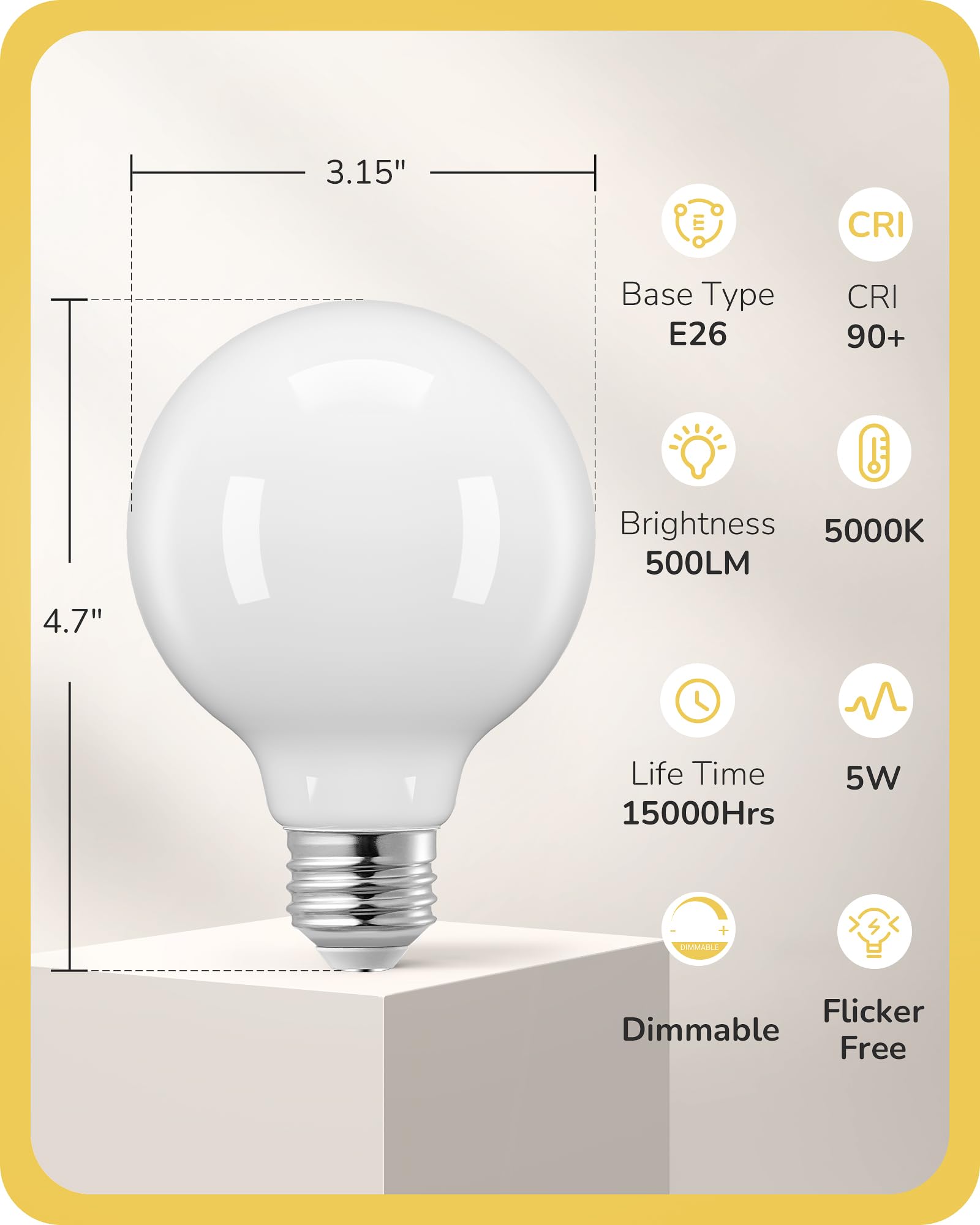 EDISHINE Dimmable G25 Globe LED Light Bulb, 5W Equivalent, CRI90+, Milky Glass, 5000K Daylight, E26 Base, 6 Pack