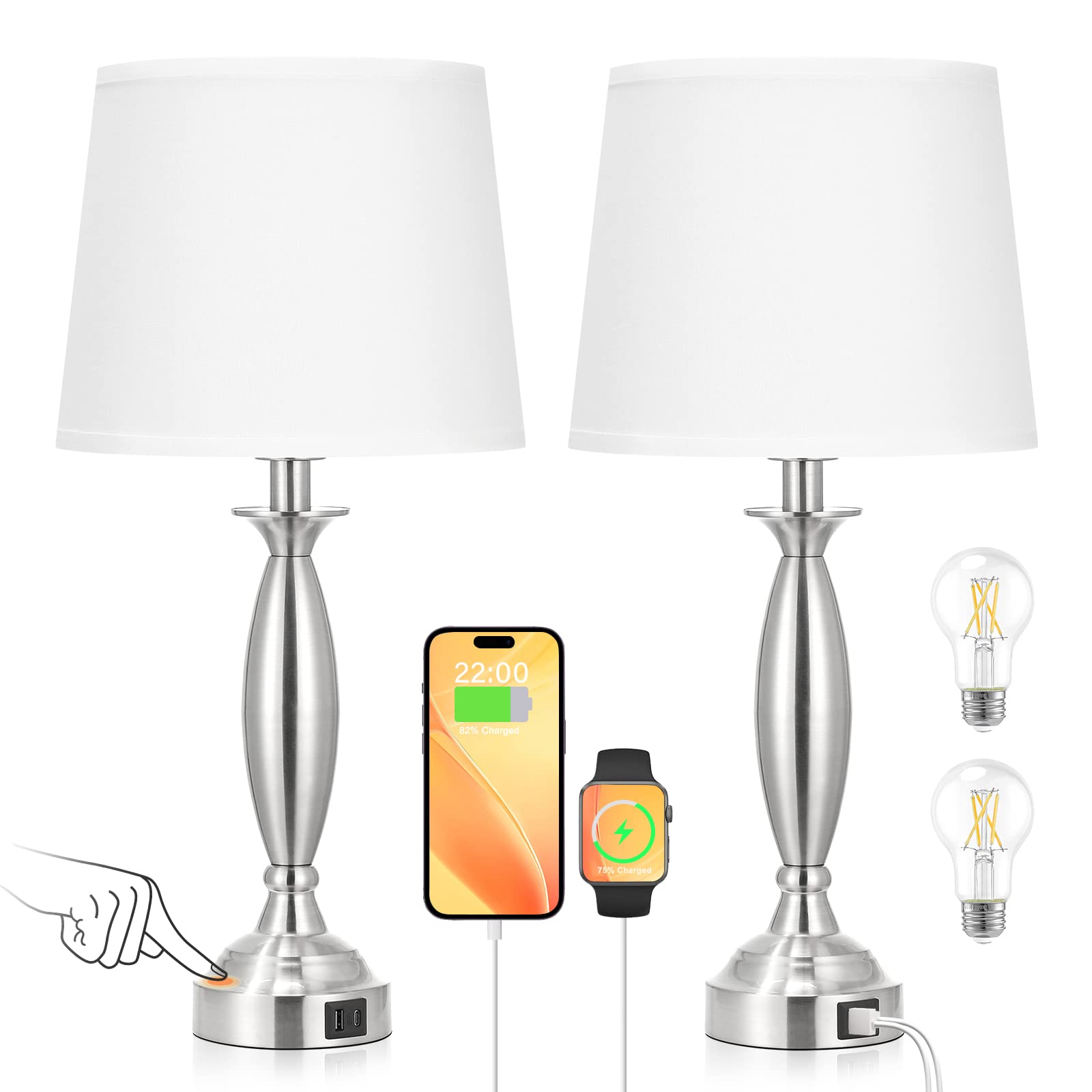 Seealle Touch Control Bedside Lamps Set of 2, 3-Way Dimmable, USB Ports, 22.5in, White Shade and Nickel Base