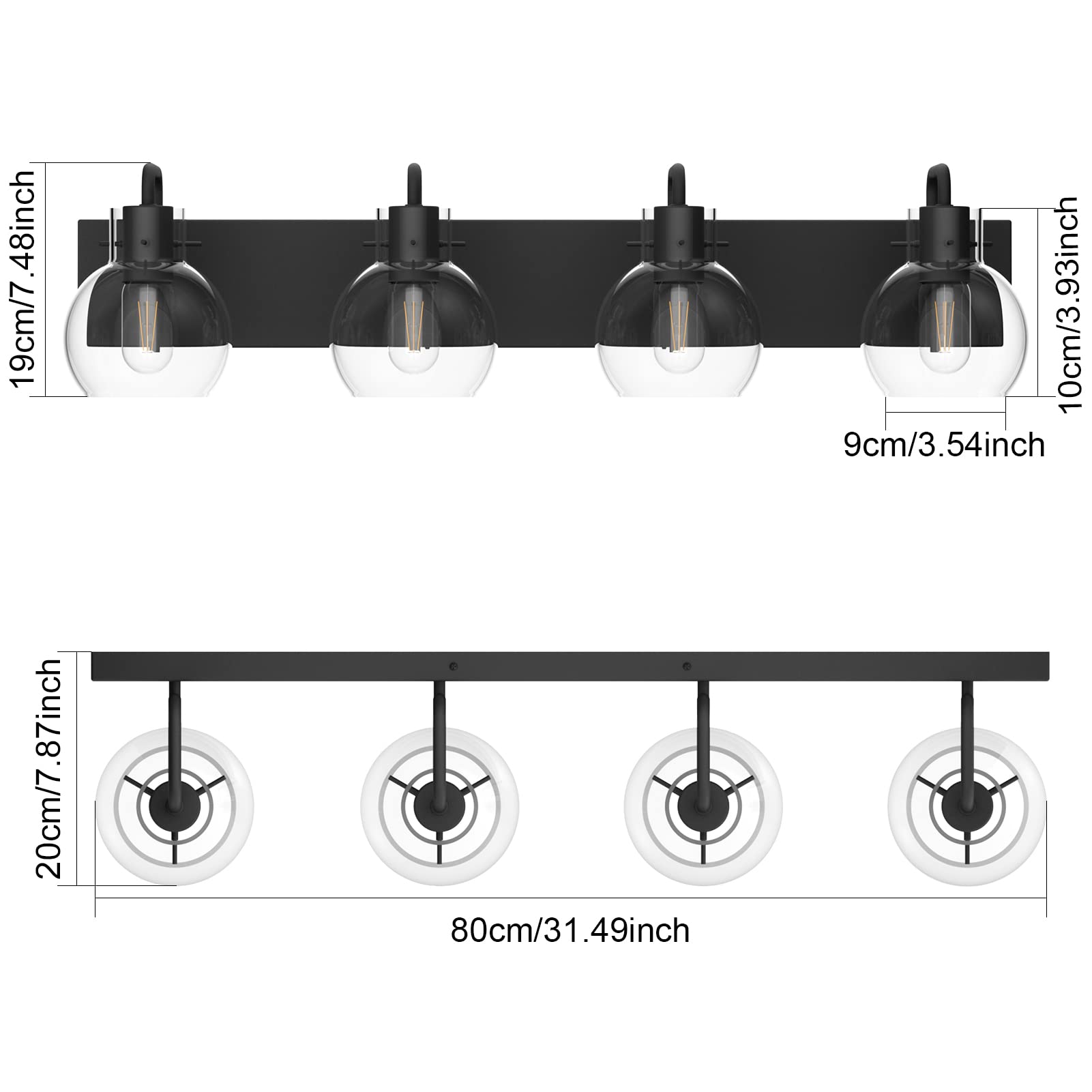 Tipace Black 4-Light Industrial Bathroom Vanity Light Fixture With Glass Globe - Vintage Farmhouse Design