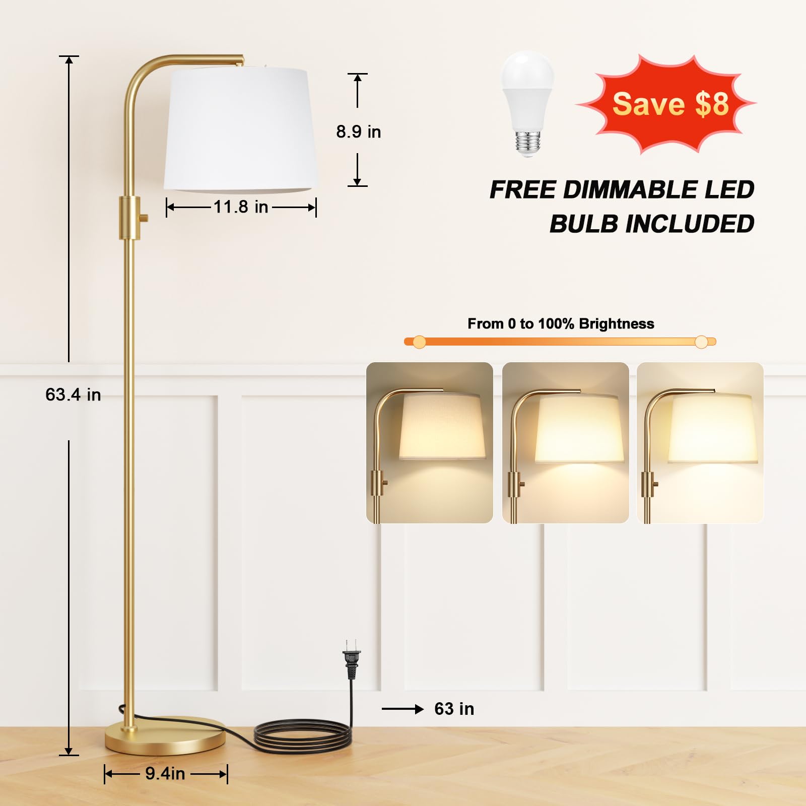 Ambimall Fully Dimmable Floor Lamp - Floor Lamps 9W Led Light Bulbs, Standing Lamps For Living Room, Modern Standing Light Tall