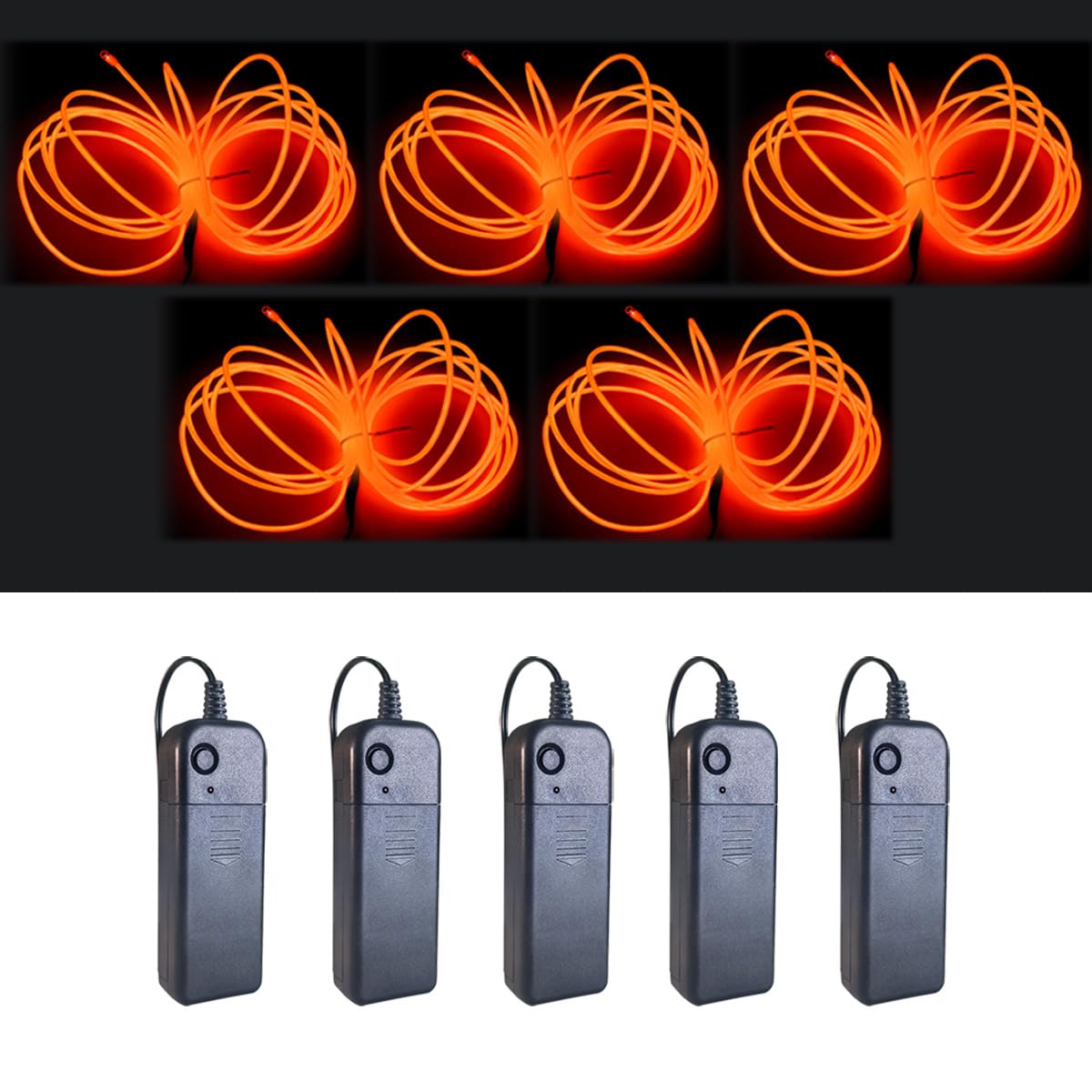 MaxLax EL Wire 5 Pack, 9ft Neon Light Wire Noise Reduction with Battery Pack (9ft-Orange)