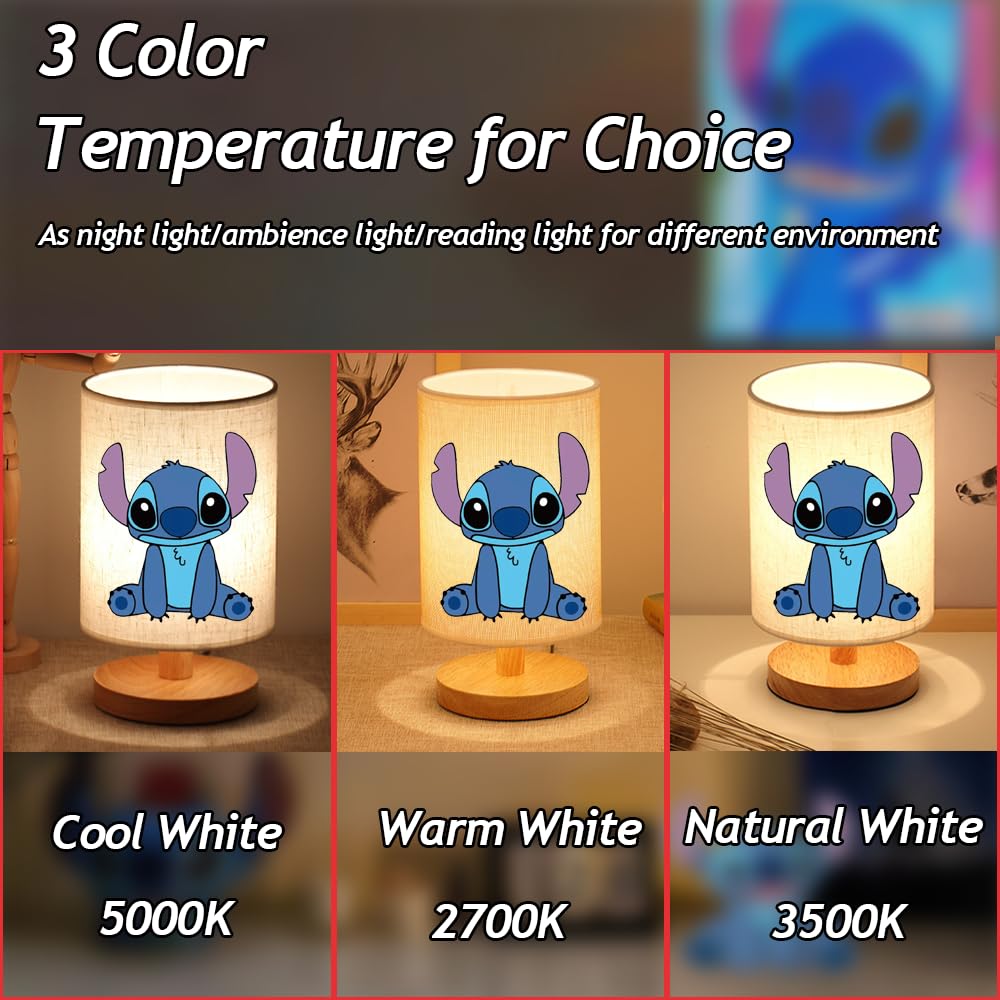 GIFIZOL Stitch Bedside Table Lamp - Wood Base, Flaxen Fabric Shade, 3 Colors, LED Bulb Included, Kids Room Light, Model A