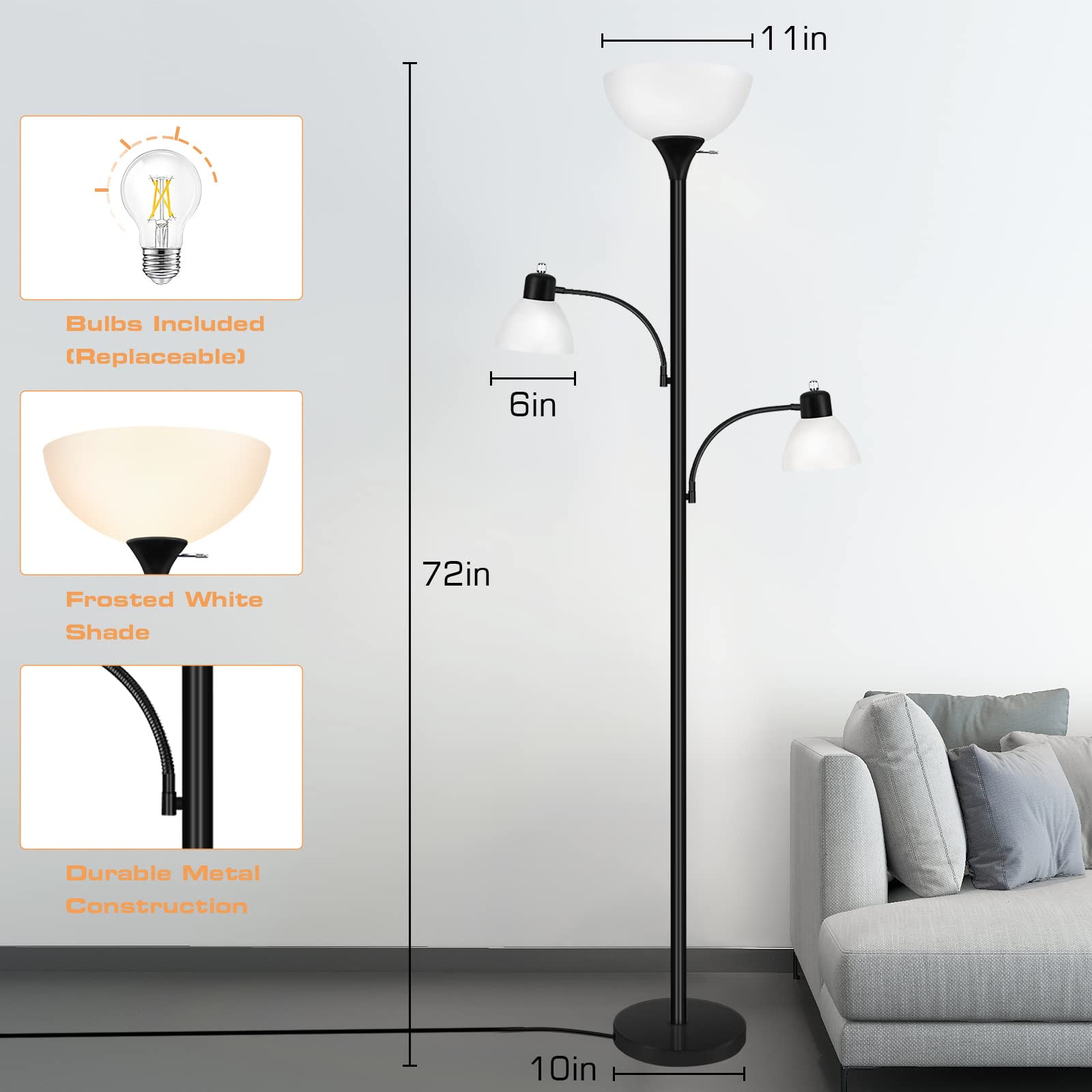 Luvkczc 72" Tall Torchiere Floor Lamp with 8W Adjustable Reading Lights, Black, Large, Model L-53008-04, 3 Bulbs Included