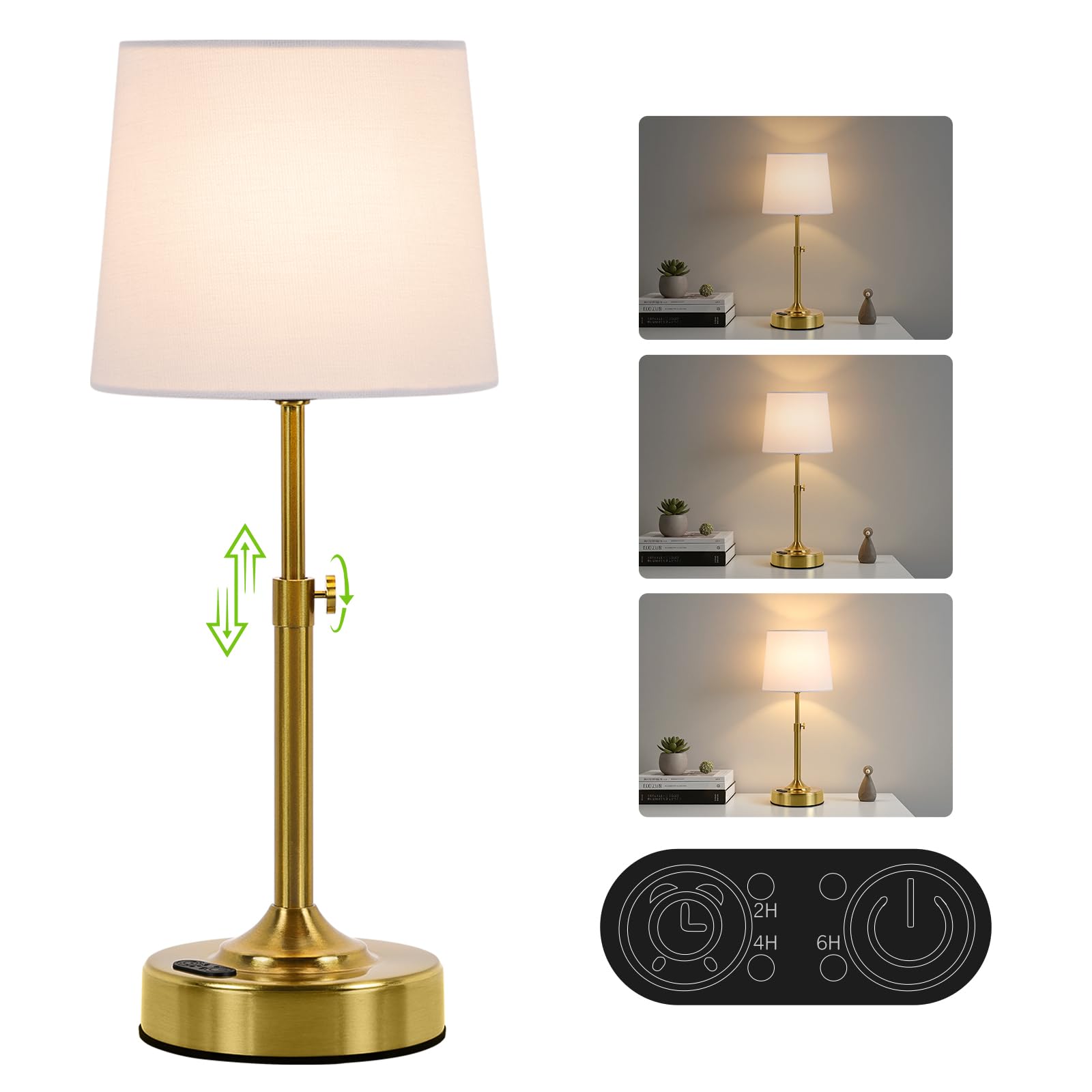 Height Adjustable Rechargeable Table Lamp with Timer, Dimmable Cordless LED Desk Lamp, 4000mAh Battery Operated Table Lamps, Gol