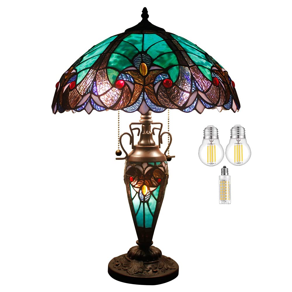 Werfactory Tiffany Style Table Lamp Green Stained Glass Liaison Mother-Daughter Vase Lamp 16X16X24 Inches Desk Reading Light Dec