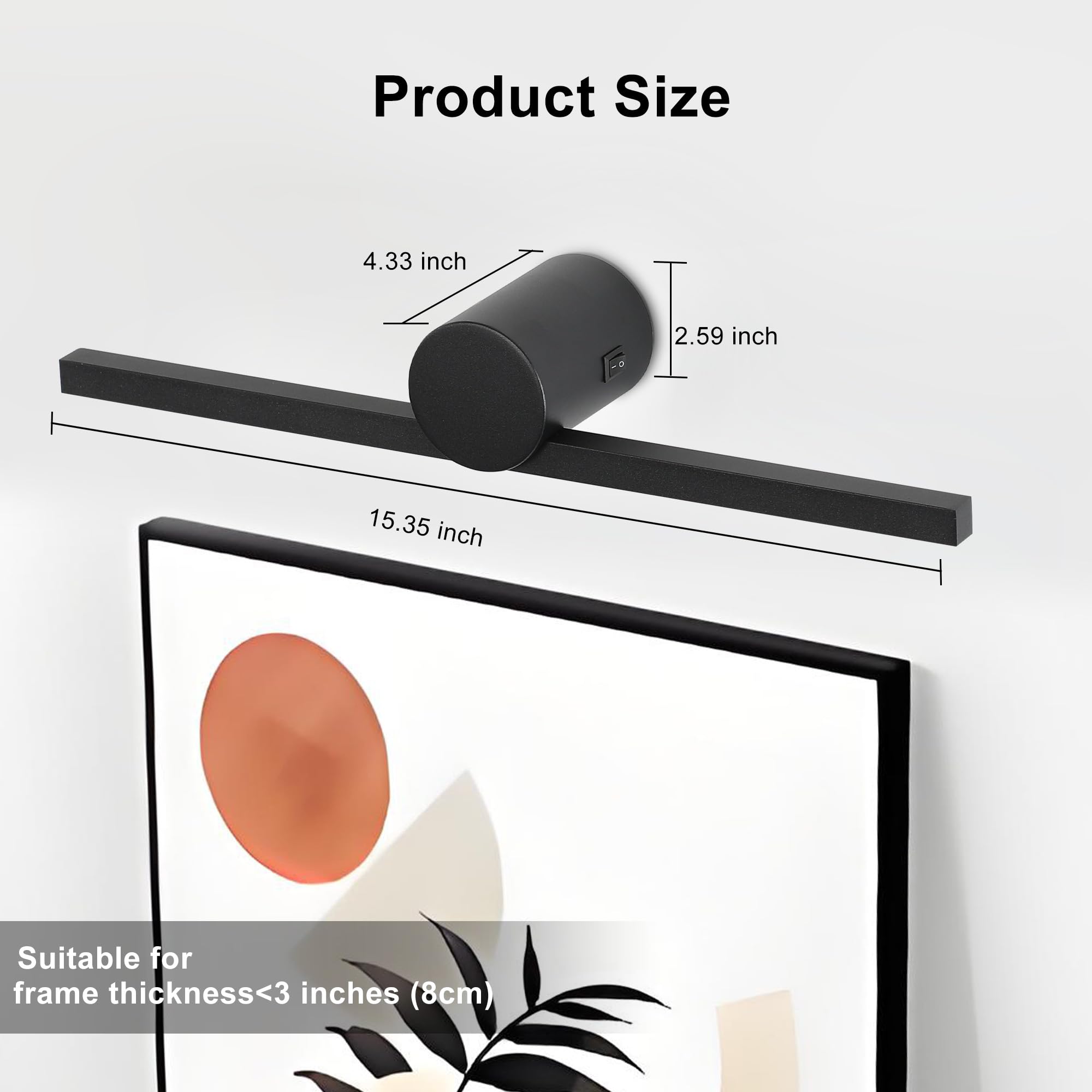 ZitoStory Battery Operated Picture Light, 15.35" Wireless Dimmable Art Light, Black, Model 7119-Black, Rechargeable for Gallery Use