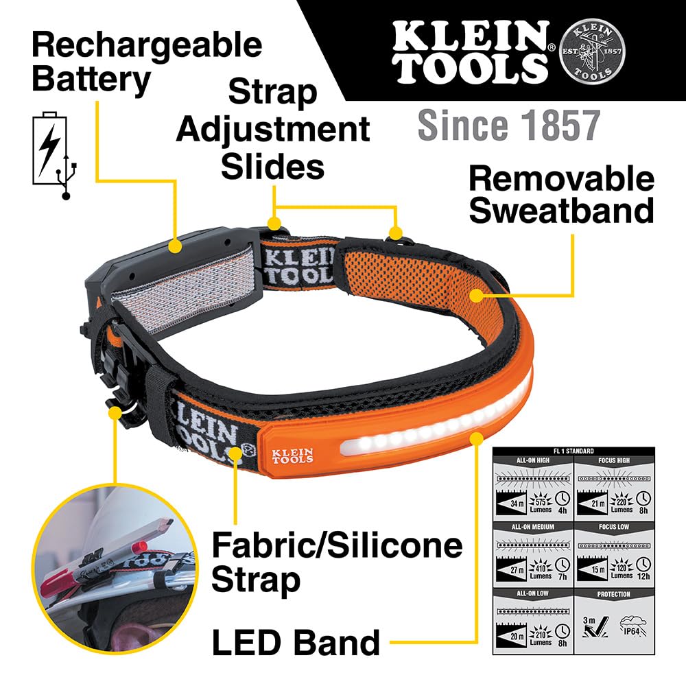 Klein Tools 56308 Rechargeable Headlamp, 575 Lumens, Wide-Beam LED, One Size, Black, Silicone Material