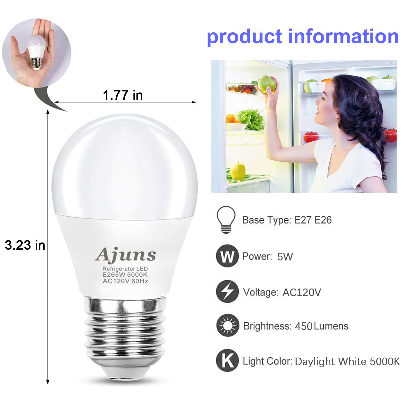 Ajuns LED Refrigerator Light Bulbs 5W Daylight White 5000K E26 2-Pack Waterproof A15 Model AJ-09