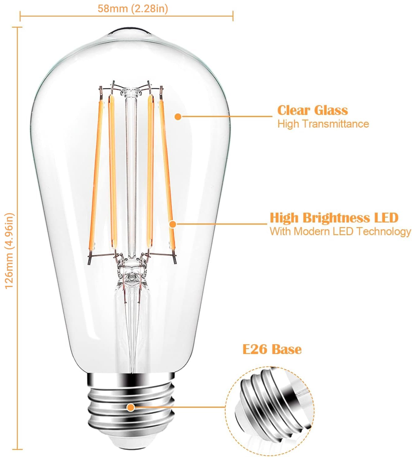 Partphoner Led Light Bulbs Dimmable Vintage Edison Bulb, E26 Led Bulb 60W Equivalent 720 Lumens, Warm White 2700K, St58 Antique