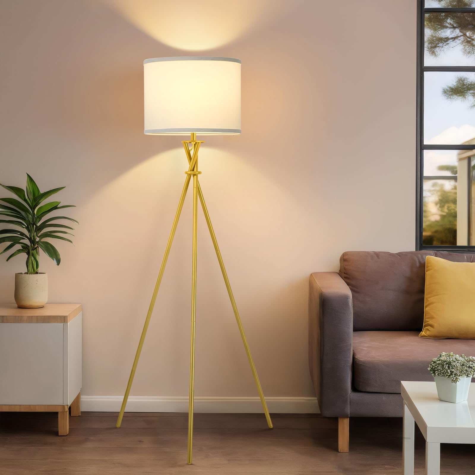 Luvkczc Gold Tripod Floor Lamp, 61” Tall, Metal with White Shade, Model 1FL-054-03