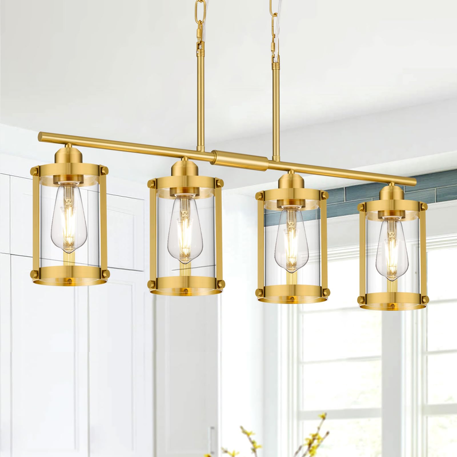Osimir 4-Light Kitchen Island Lighting  Brushed Gold Linear Dining Room Light Fixtures With Clear Glass  Modern Mid Century Chandelier Pendant Light For Kitchen Island Dining Room  Os-3014-4Isbg