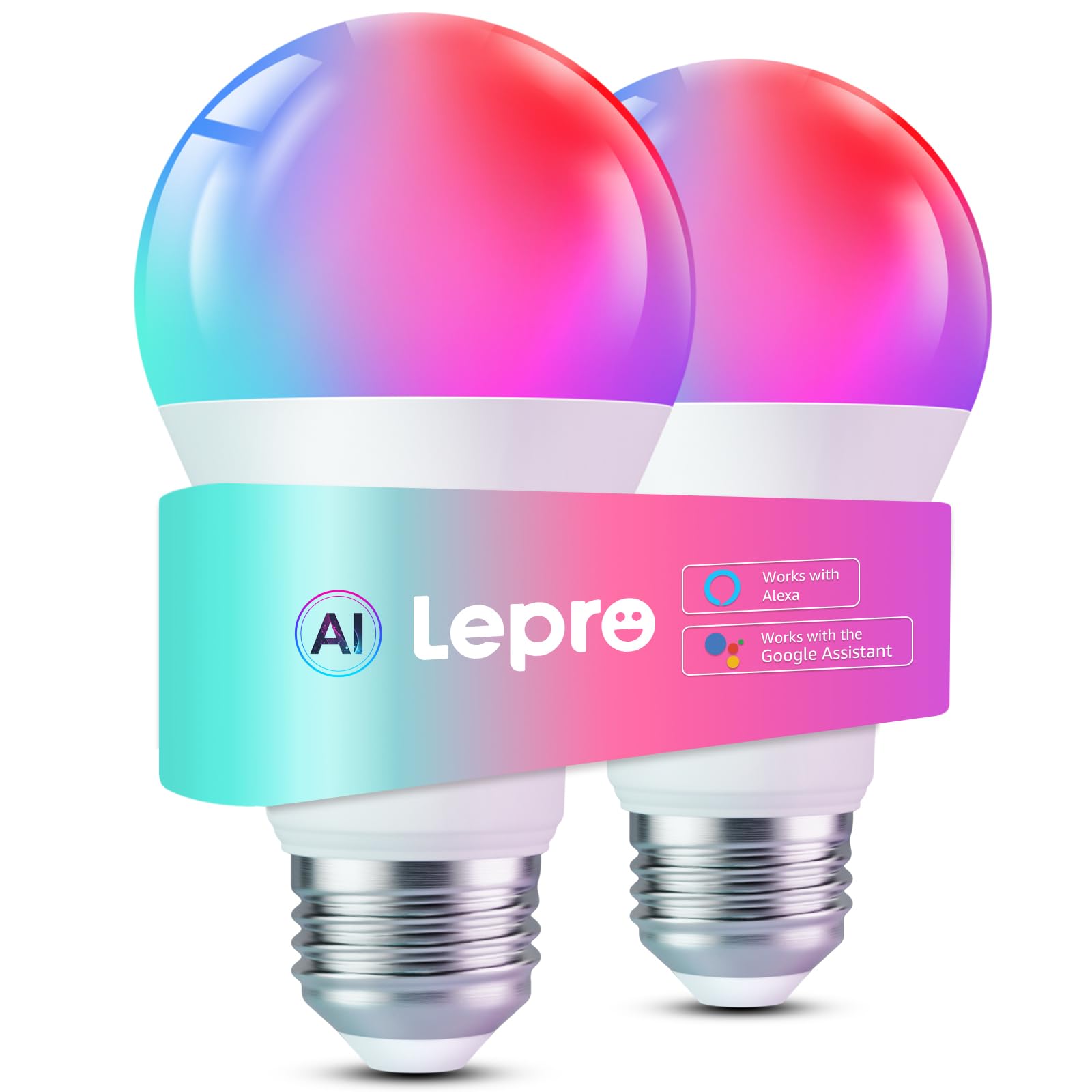 Lepro B2 Smart LED Light Bulbs - 1100LM WiFi & Bluetooth, RGBWW Color Changing, Multi-colored, 2 Pack