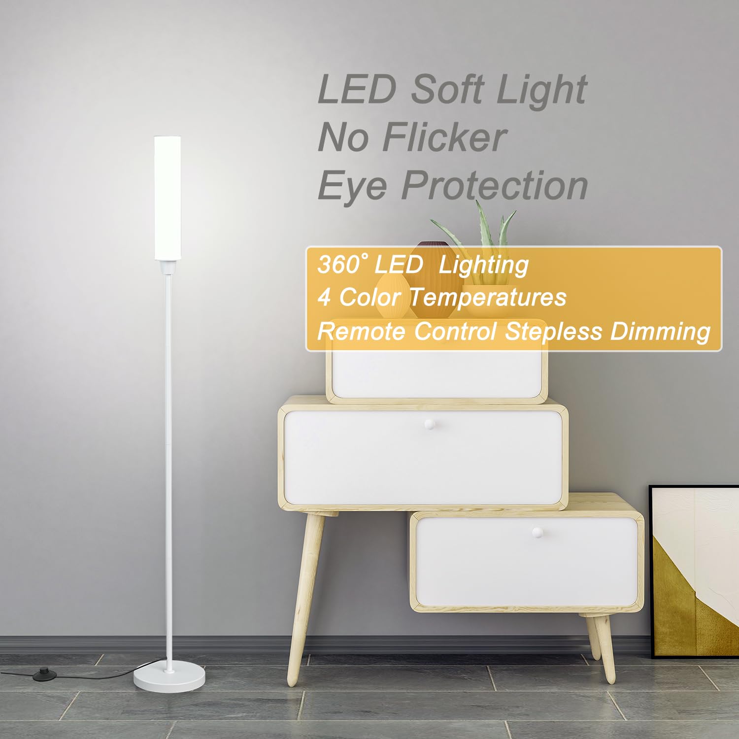 Nukanu Floor Lamp With Remote Control,Bright Floor Lamps For Living Room/Bedroom/Office, Stepless Adjustable 3000K-6000K Colors And 10-100% Brightness,Standing Light With Foot Switch (White)