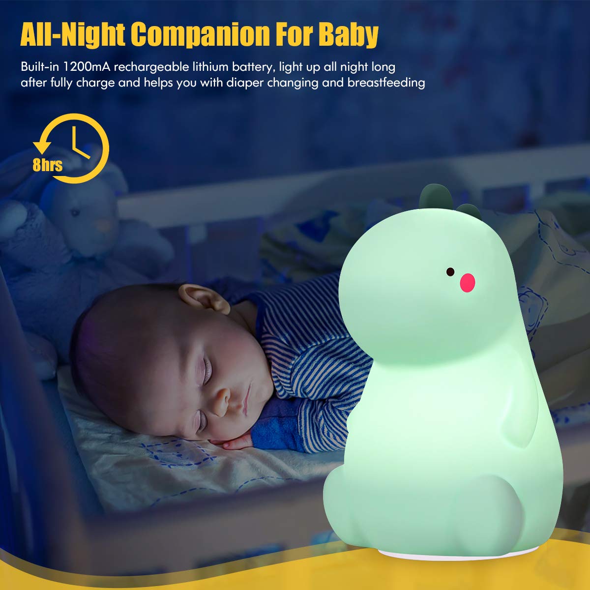 VSATEN Dinosaur Night Light - Color Changing Silicone LED Lamp, Portable Rechargeable, Green, Model DNL-003-G, Ideal for Kids' Rooms