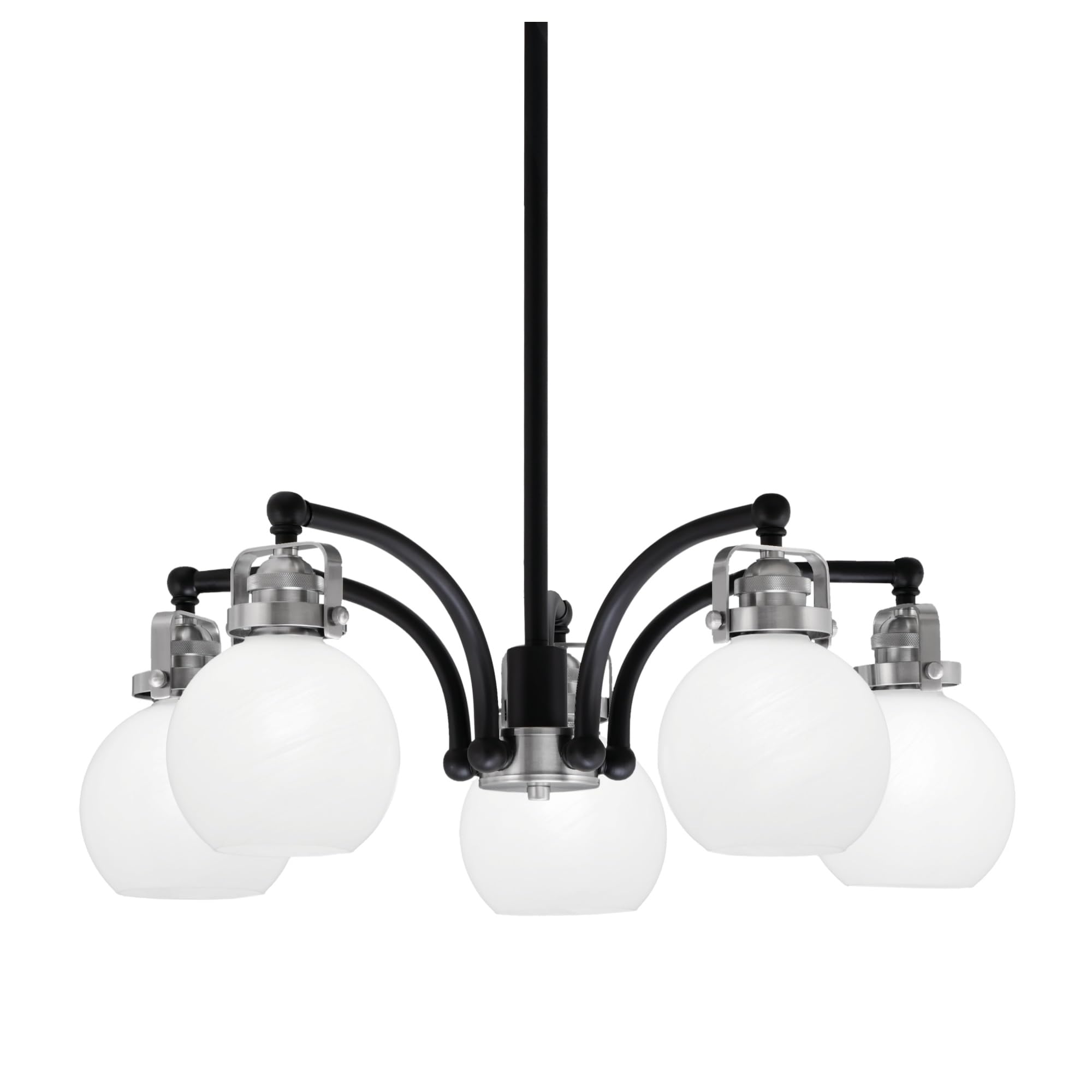 Easton Downlight, 5 Light, Chandelier Shown In Matte Black & Brushed Nickel Finish With 5.75&quot; White Marble Glass
