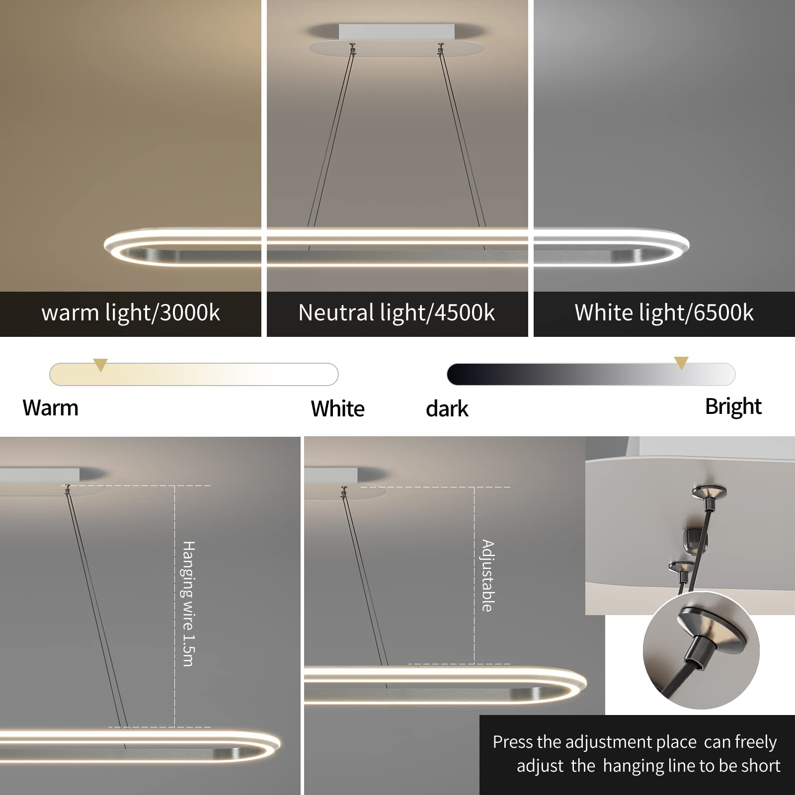 Matven Linear Pendant Light Fixture, Dimmable LED Chandelier, 3000K-6000K, 43.3in, Acrylic, Silver, Modern Design
