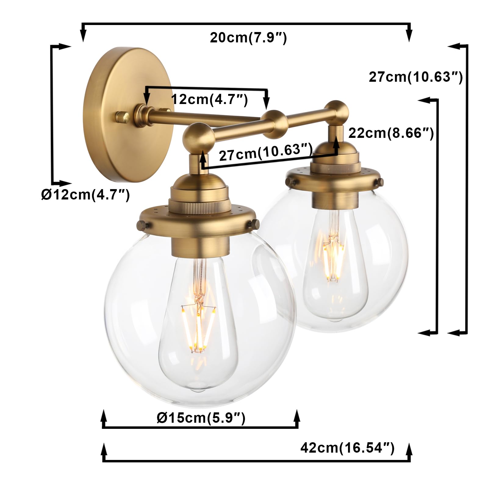 Yosoan Vintage Indoor Vanity Wall Sconce, 2 Light Hardwired Modern Fixture With 5.9" Round Glass Globe Hand Blown Shade Lighting For Bathroom Kitchen Dining Room Living Room Bedroom(Antique)