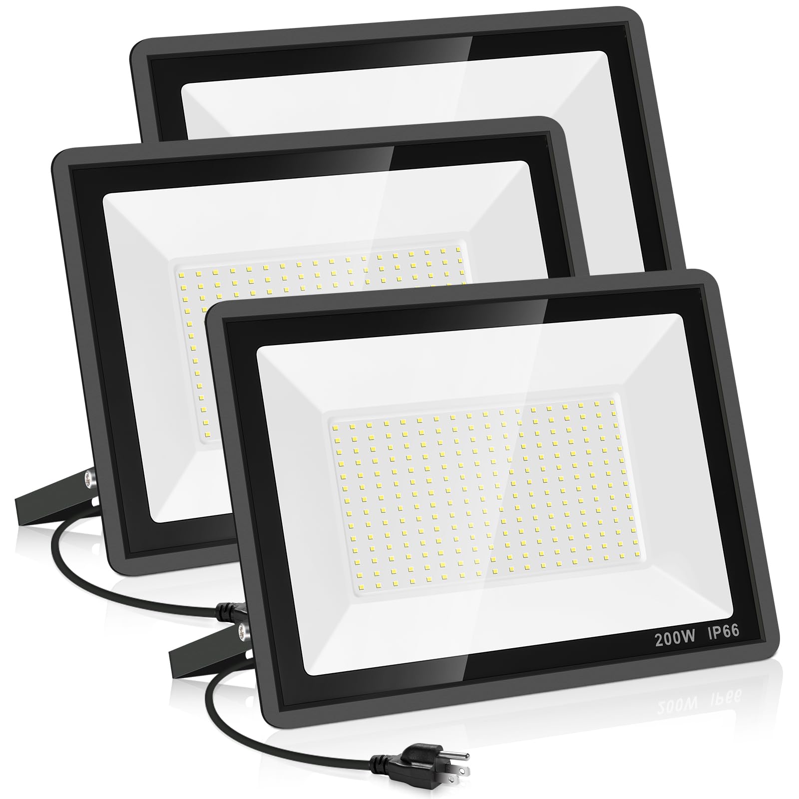 YANYCN 3 Pack 200W LED Flood Light,Super Bright Exterior Security Lights With Plug,IP66 Waterproof Outdoor Flood Light, 22800lm 
