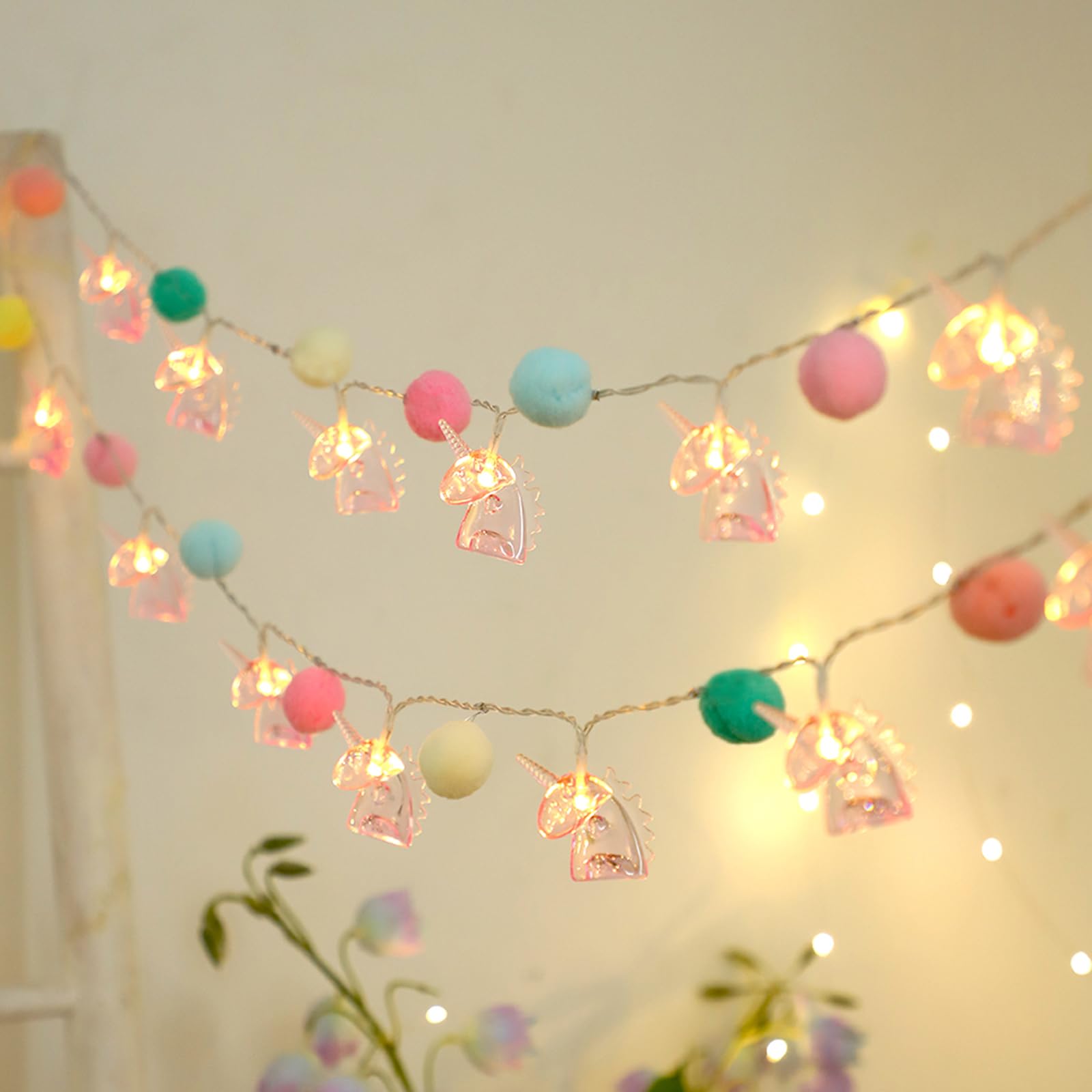 9.85FT Unicorn String Lights Cute Pom Poms Fairy LED String Lights Battery Operated with Timer Decor Lights for Kids Bedroom Birthday Party Kids Playhouse Wedding Valentines Day Christmas Decorations