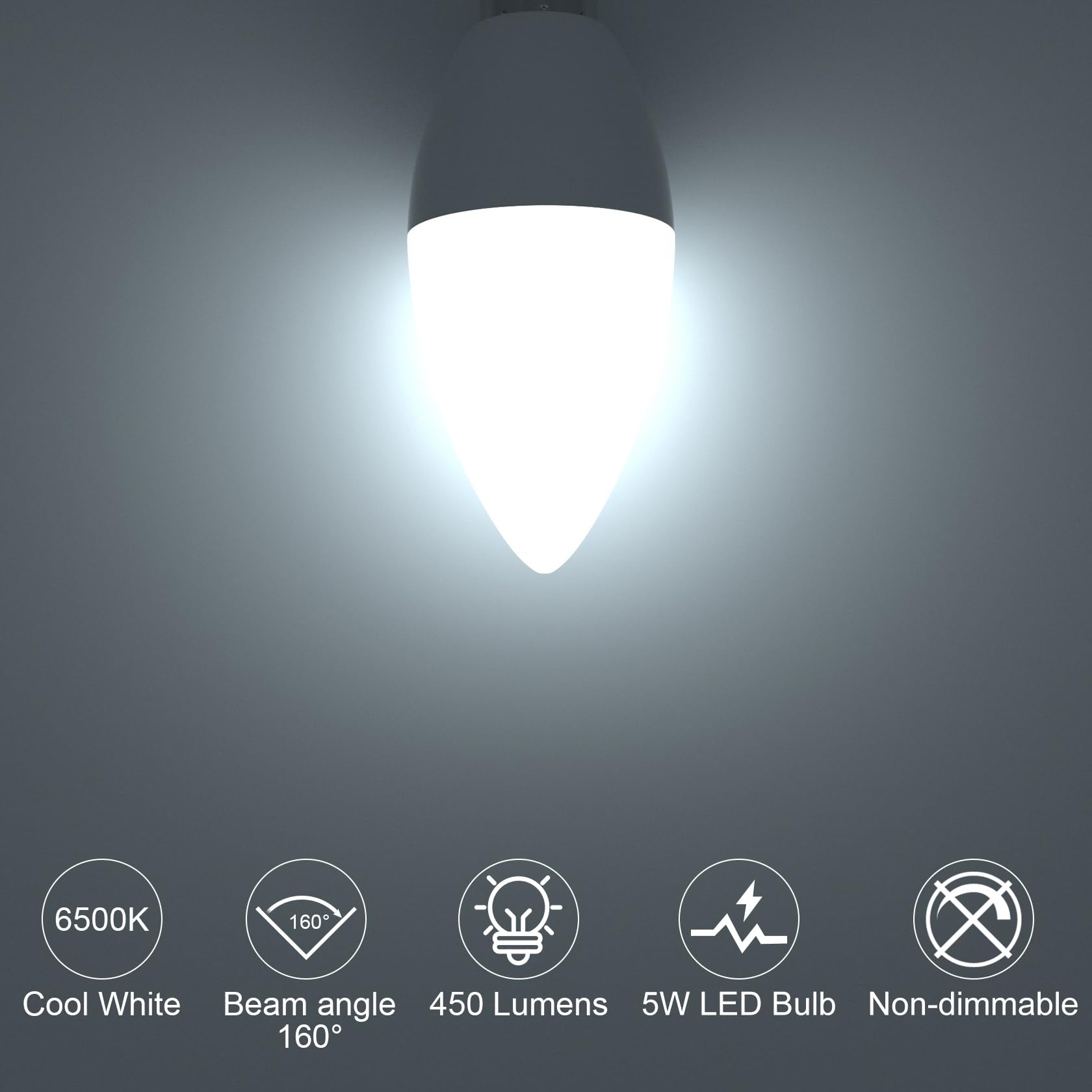 ORALUCE E12 LED Candelabra Light Bulbs, 5W 450LM, 40W Equivalent, 6500K Cool White, 6 Pack, Non-Dimmable,