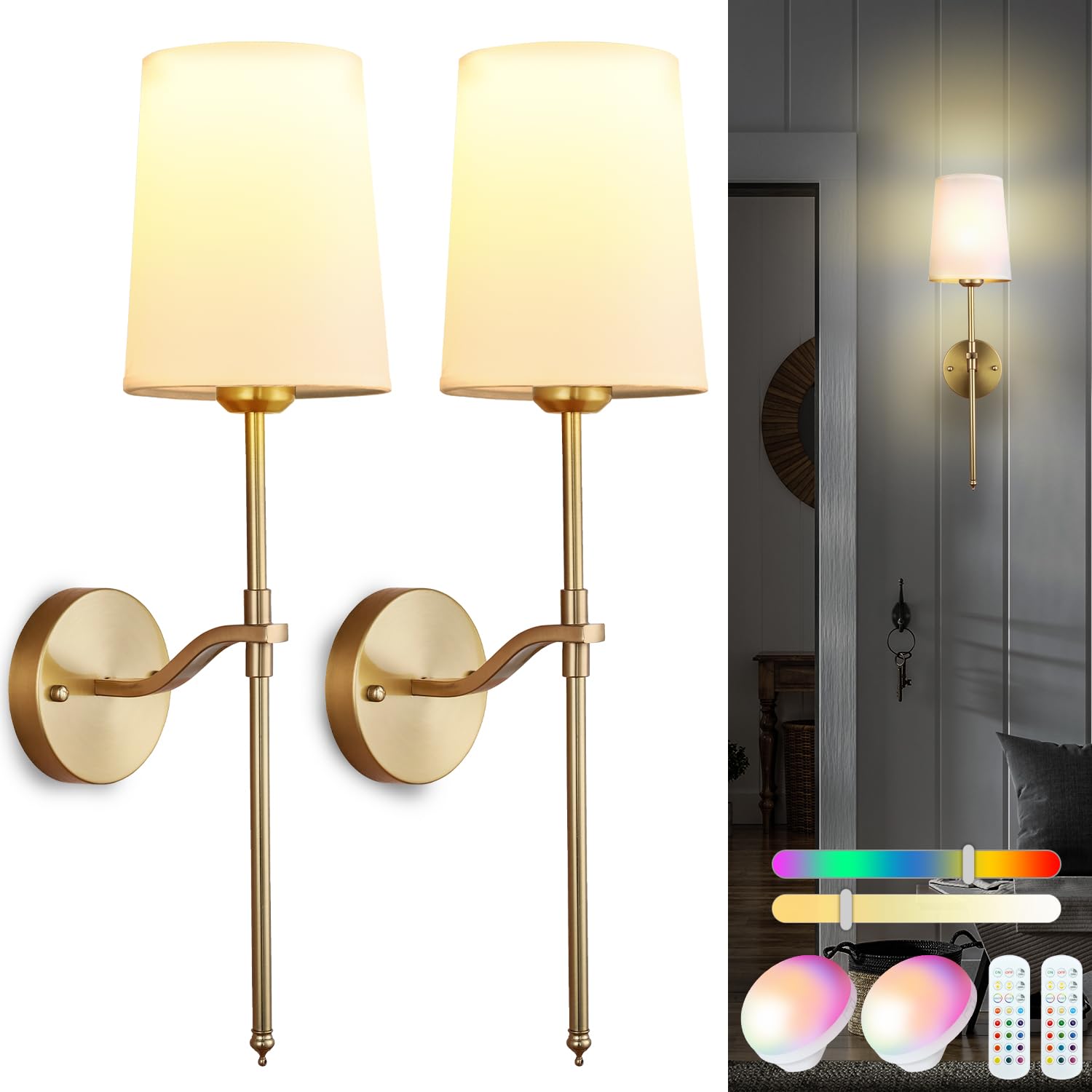 Troconce Wall Lights Battery Operated Wall Sconces Set Of 2, Gold Rechargeable Wall Sconce With 15 Rgb Dimmable Detachable Bulbs