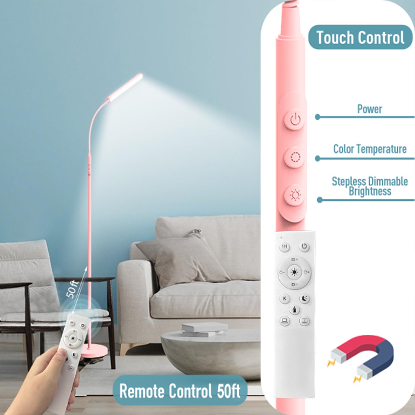 Marctronic Pink Led Floor Lamp, 18W 1800Lm Bright Floor Lamp With Remote & Works With Smart Plug, Dimmable Timing Eye Caring Rea