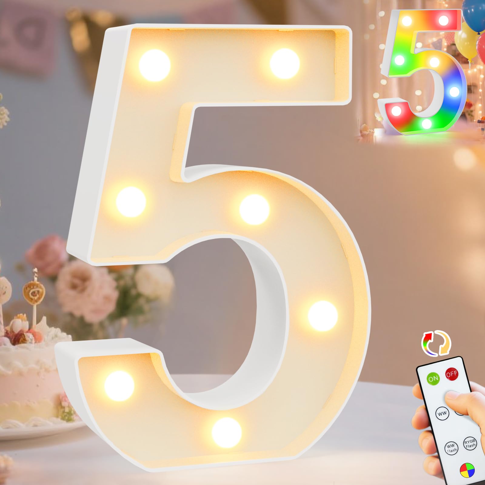 Pooqla Led Light Up Numbers 5  Warm White And Colorful Lighted Marquee Numbers With Remote  Lighted Numbers For 5Th 50Th Birthday Decorations  Gift For Girls Boys Her Him Anniversary Home Party Decor