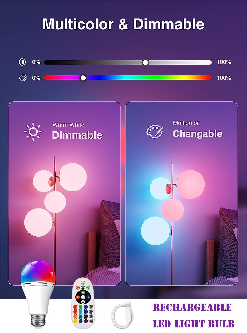 HOMOSUM Rechargeable LED Light Bulb, E26 Dimmable, 40W Equivalent, 2500mAh, Remote Control, 2-Pack, Aluminum, RGB