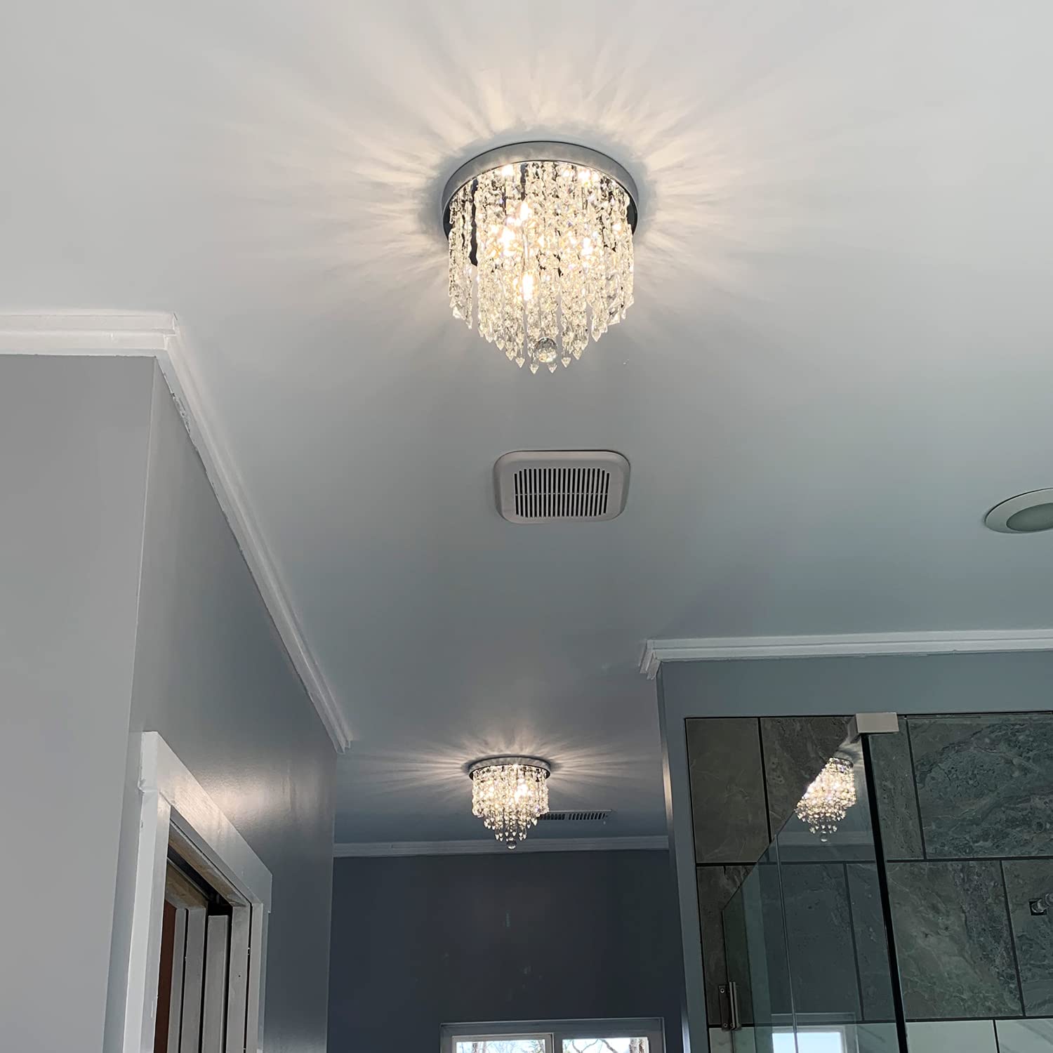 Modern Mini Chandelier Light Fixture,3-Lights Flush Mount Ceiling Light Fixtures Mini Silver Crystal Chandelier Ceiling Lamp For Dining Room, Bedroom, Bathroom, Closet 8'' X 7.3'' Of Crystop