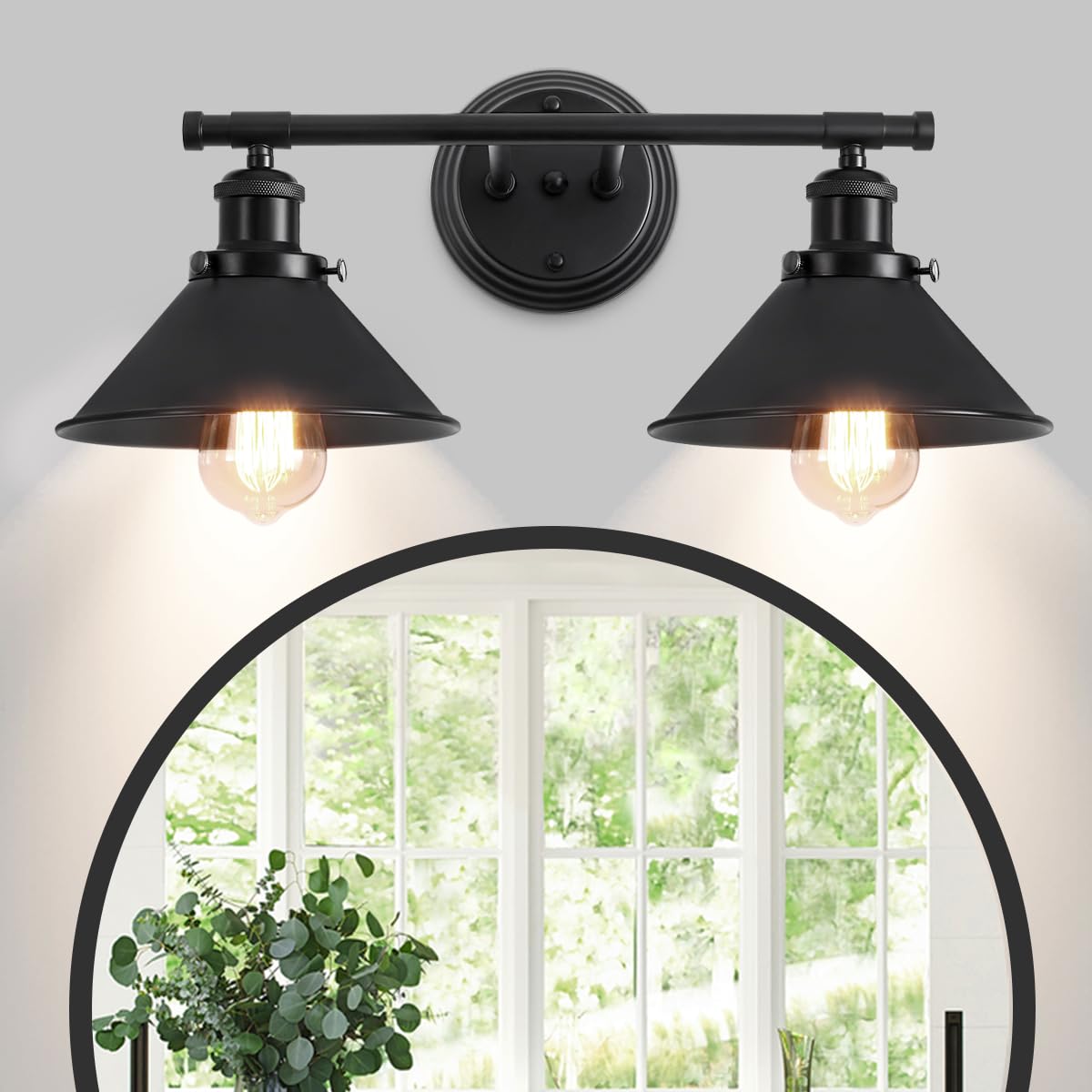 Toulmj Bathroom Light Fixtures Farmhouse Vanity Lights, 2 Light Bathroom Lighting Fixtures Over Mirror Bathroom Wall Sconces With Metal Shade, Matte Black Vanity Lights For Bathroom (19.48'')
