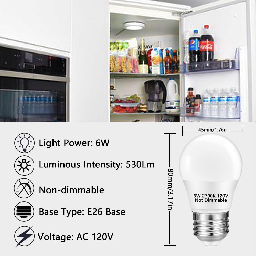 Neteha 6 Pack A15 6W 120V E26 Base Small Led Refrigerator Light Bulb  Non-Dimmable 60W Equivalent 2700K Warm White A15/G45 Shape Led Appliance Bulb For Ceiling Fan And Lighting Fixtures