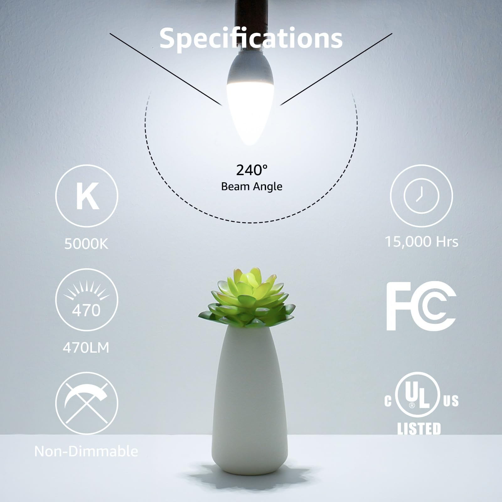 Lepro E12 LED Candelabra Bulbs, 5.5W, 40W Equivalent, Daylight White, Plastic, Non-Dimmable, Model EAN600052-DW-US