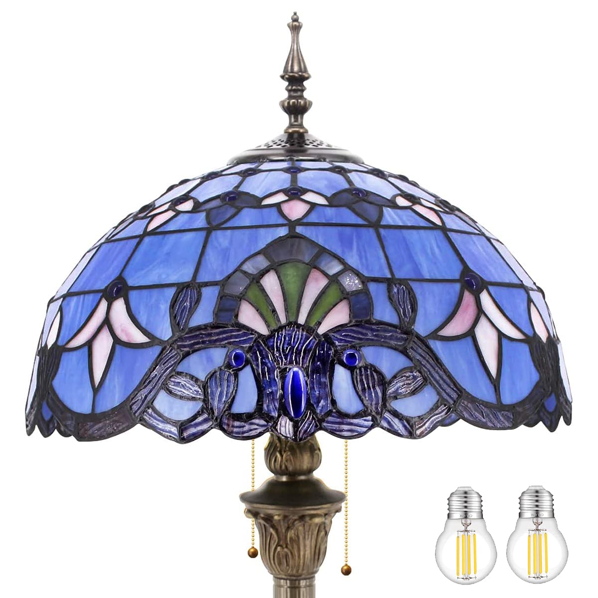 WERFACTORY Tiffany Floor Lamp Blue Purple Baroque Stained Glass Standing Reading Light 16X16X64 Inches Antique Pole Corner Lamp 