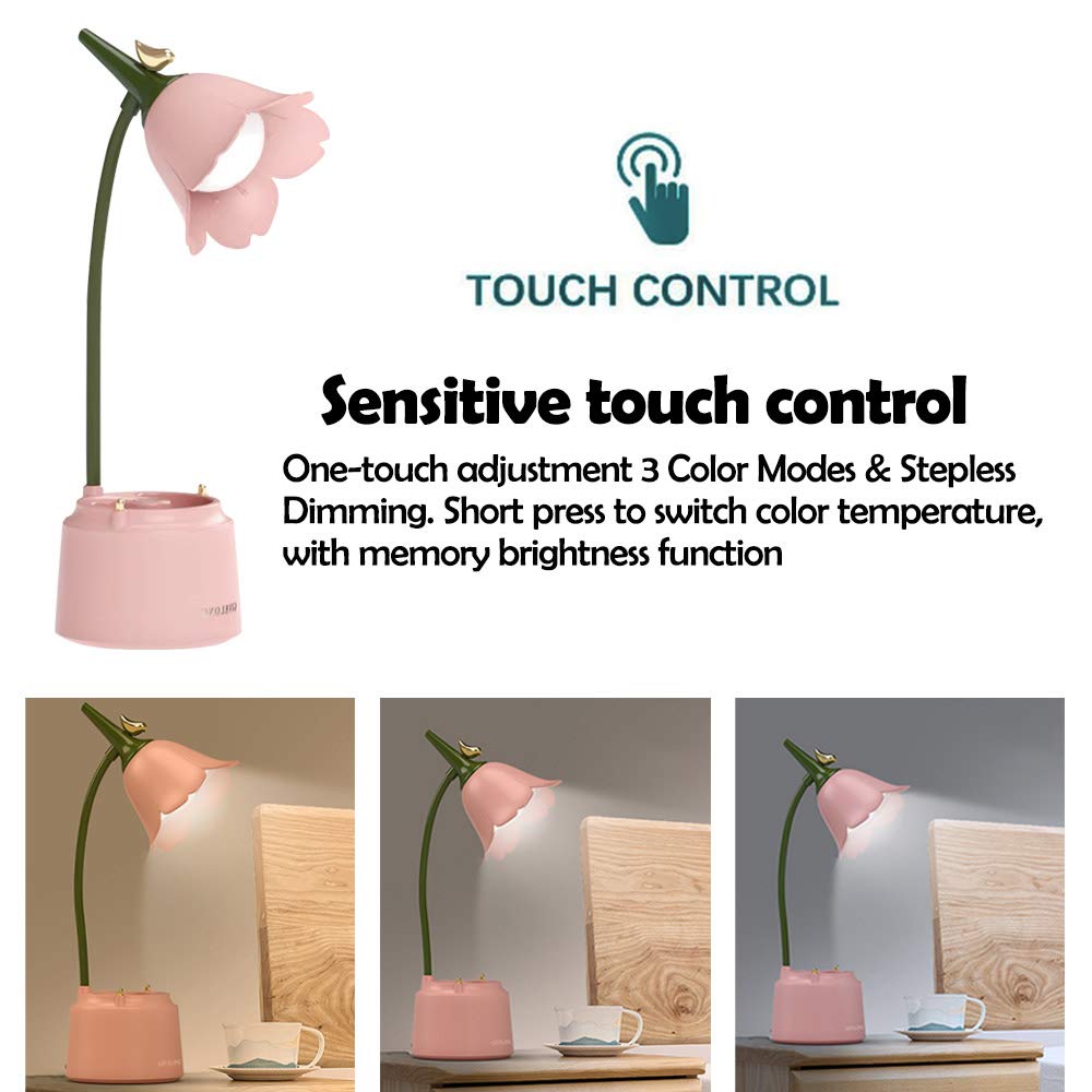 Koudhug Pink Cute Desk Lamp For Kid, Rechargeable Led Lamp With Usb Charging Port, Flexible Gooseneck, 3 Color Modes & Stepless