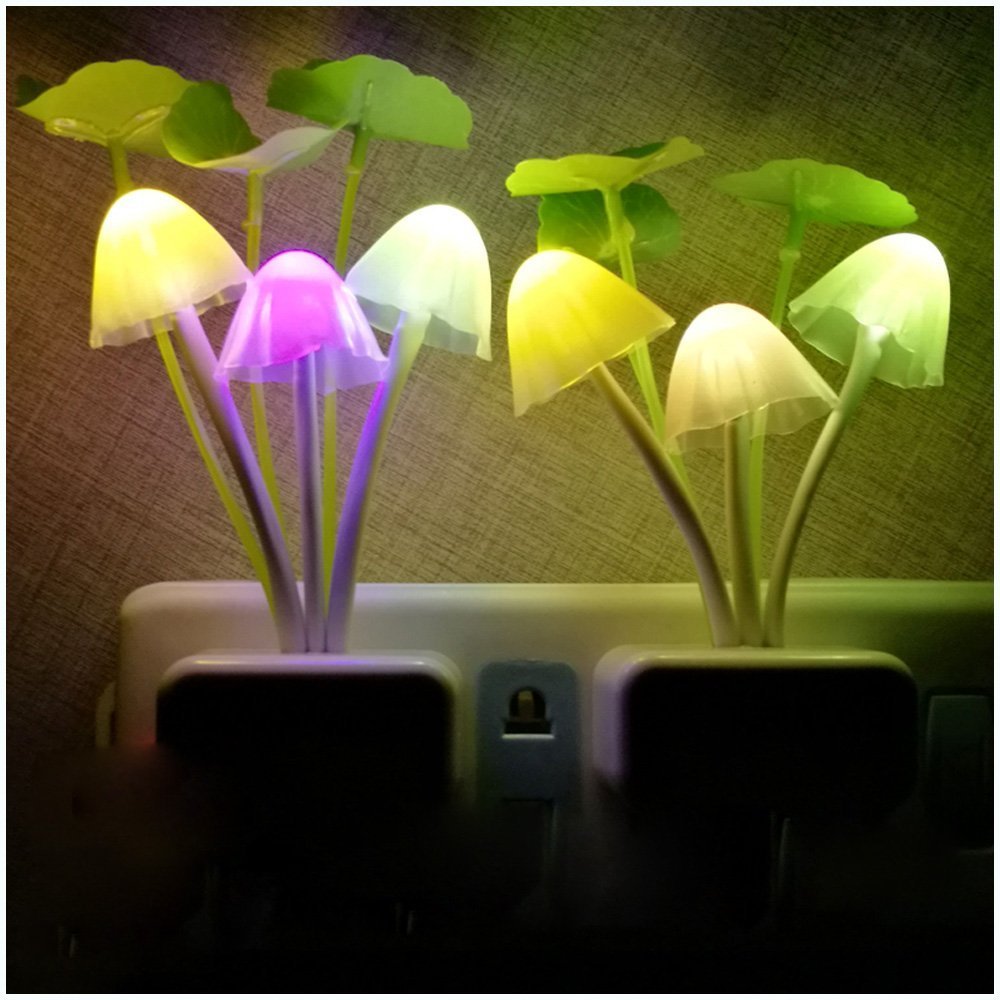 AUSAYE LED Night Light, Color Changing Mushroom Flower Lamp, 4 Pack, Plastic, Model 7082, for Bedroom, Bathroom, Kitchen, Stairs