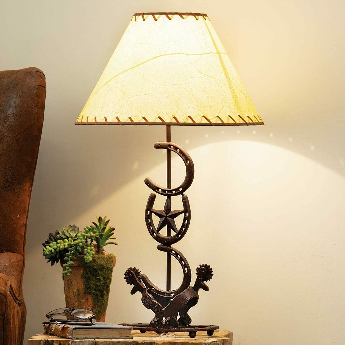 Black Forest Décor - Horseshoe Star Table Lamp For Cabin, Living Room, Nightstand, Desk - Vintage Rustic Home Décor - 27" X 16"