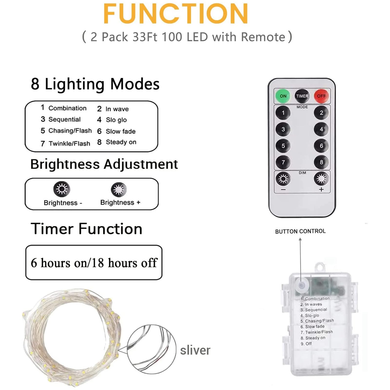 2 Pack 100 Led Fairy Lights Battery Operated With Remote, 33Ft Waterproof Twinkle Lights With Timer & 8 Modes, Fairy String Ligh