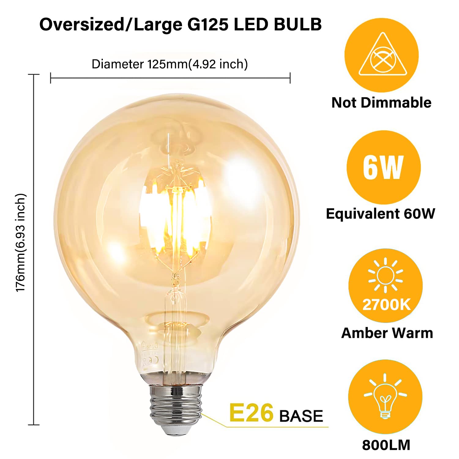 BoostArea G125 LED Globe Bulbs, 6W Antique Vintage, 2700K Warm White, Amber, 2 Pack