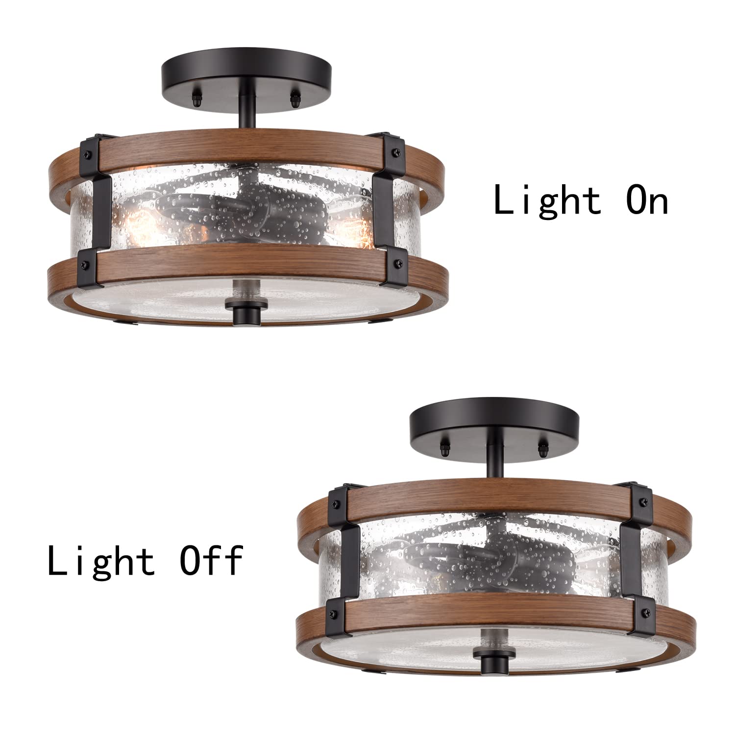 Deynite Farmhouse 2-Light Ceiling Light Fixture, Semi Flush Mount Ceiling Light With Seeded Glass Shade, Rustic Retro Ceiling La