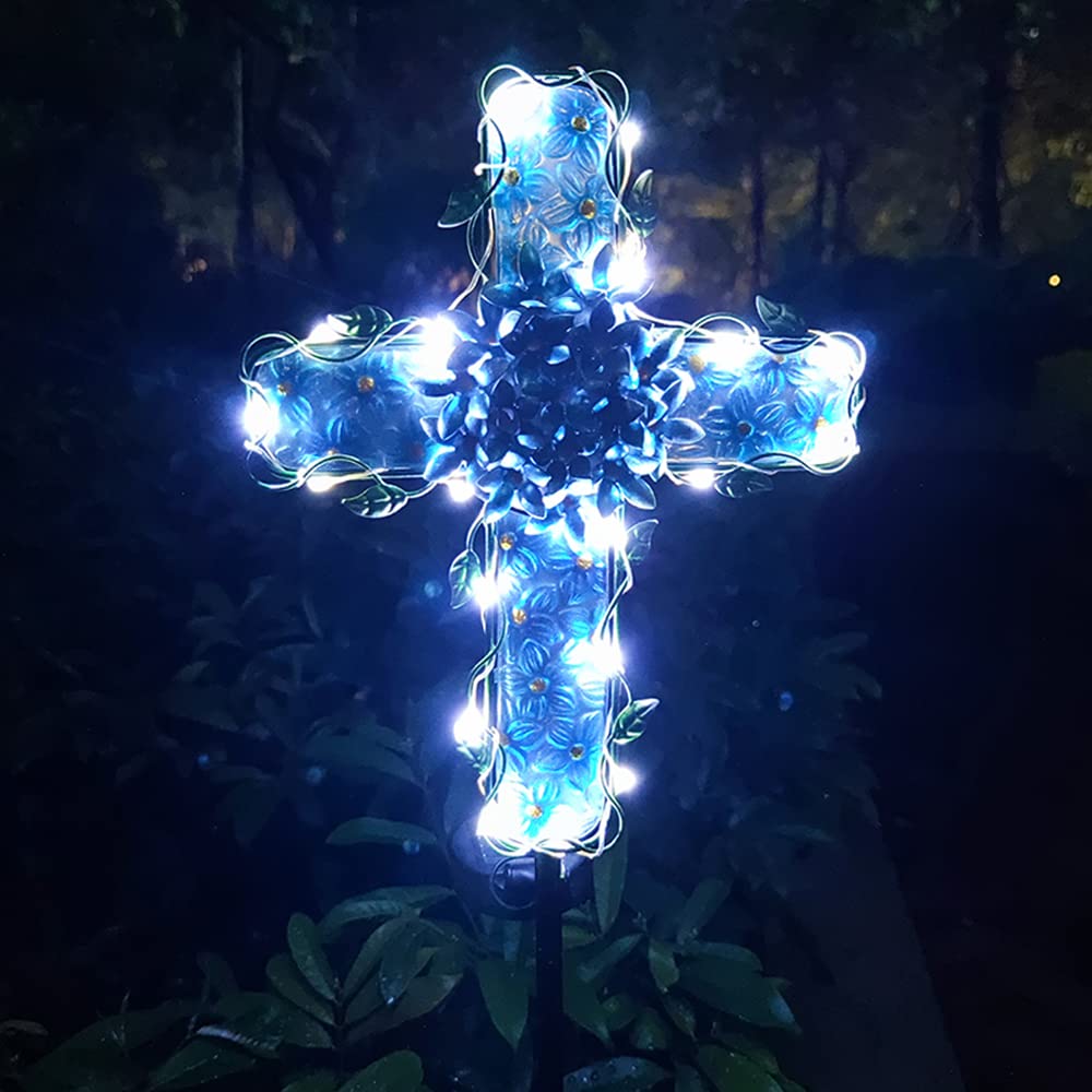 Coozzyhour Solar Cross Garden Lights Outdoor Decorative - Solar Metal&Glass Cross Blue Hydrangea Flower Stake Lights- Waterproof