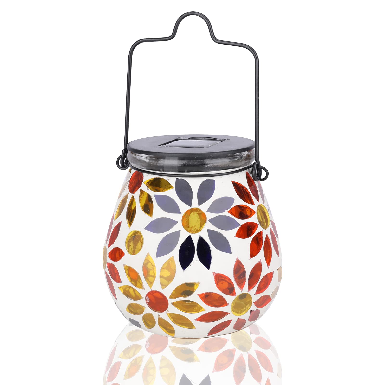 Afirst Mosaic Solar Lantern - Glass Hanging Light, Waterproof Table Lamp for Garden, Patio, Holiday - Model 4431910A, Color Daisy